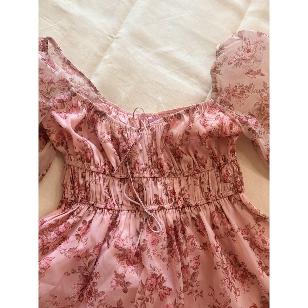 Francesca's Miami Floral Puff Sleeve Baby Doll Mini Dress Pink Mauve Small
